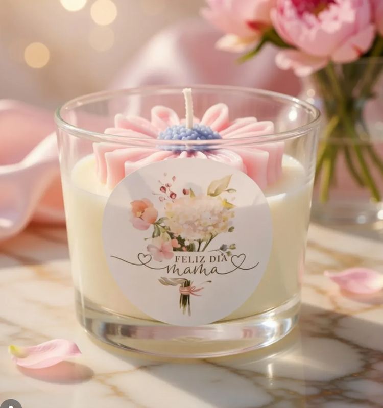 Vela con flor de cera y etiqueta Feliz Día de la Madre